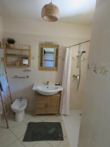 une salle de bain avec un lavabo, des toilettes et une douche dans l'établissement Le Vendémiaire, à Cassis