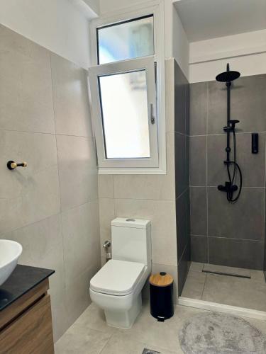 a bathroom with a toilet and a sink and a window at Molys House in Igoumenitsa
