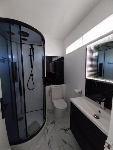 a bathroom with a shower and a toilet and a sink at Miggle-Moo-Sea in Argelès-sur-Mer