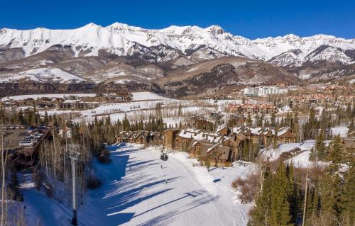 an aerial view of a ski resort with snow covered mountains at 2 BR Condominium - Luxury Skiin and out (rare to find) in Telluride