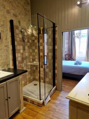 Cette chambre comprend un lit et une salle de bains pourvue d'une douche. dans l'établissement Le Presbytère de Maître Jacques, à Arles