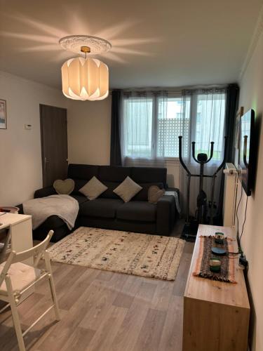 a living room with a couch and a table at Charmant Appartement in Montmagny