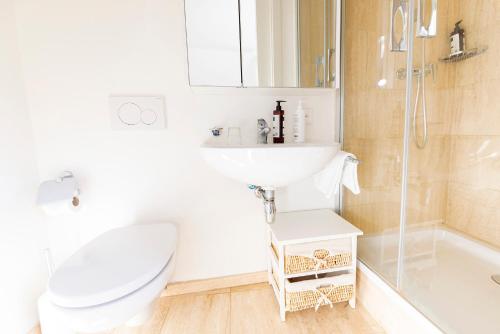 a bathroom with a sink and a toilet and a shower at San Carlo Luxury Apartments in Lugano
