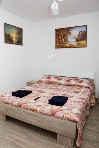 a bedroom with a large bed with two pillows on it at Vila Giovanni in Orşova
