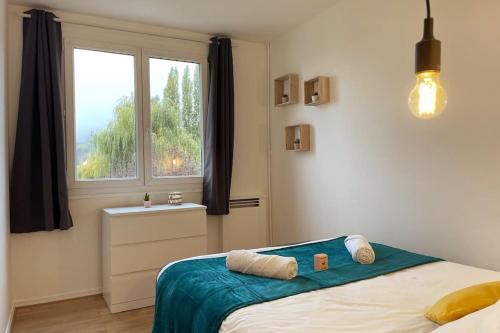 a bedroom with a bed and a large window at Rouen Port de plaisance et MIN - Appart lumineux in Rouen