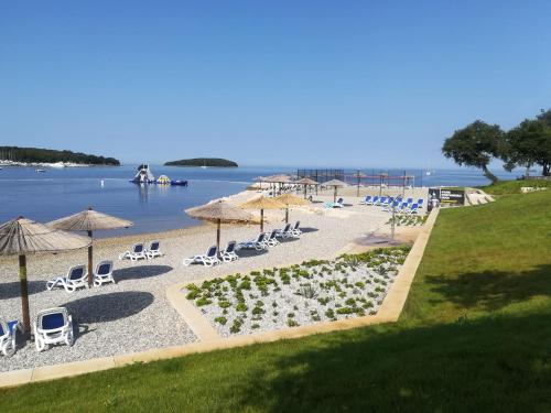 a beach with chairs and umbrellas and the water at Apartmani Ana Borovac in Funtana