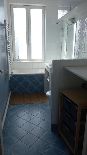 une salle de bain avec un lavabo et des toilettes et une fenêtre dans l'établissement deauville morny plein centre, à Deauville