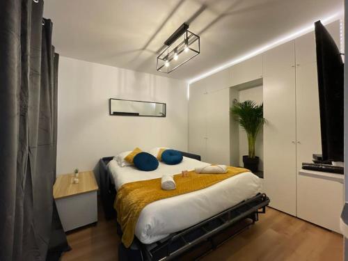 une chambre avec un grand lit avec des oreillers bleus dans l'établissement Rouen Centre - Joli studio avec espace extérieur, à Rouen