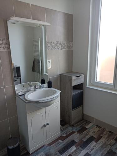 une salle de bain avec un lavabo et un miroir dans l'établissement Gîte de la fontaine, à Venarey-les-Laumes