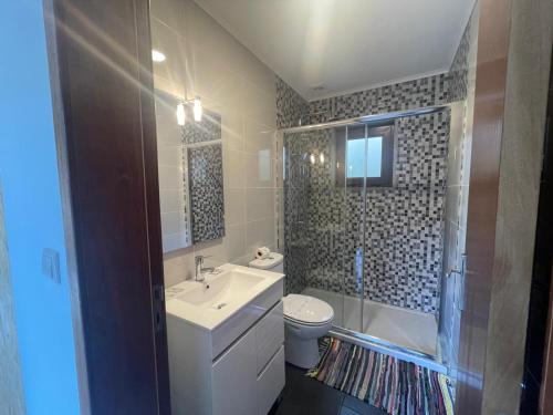 a bathroom with a sink and a toilet and a shower at Quinta de Fundões in Geres