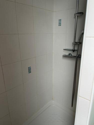 ein Bad mit einer Dusche und weißen Fliesen in der Unterkunft La maison de la brasserie in Sens