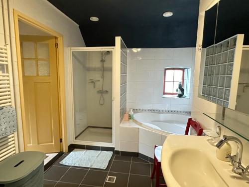 a bathroom with a tub and a toilet and a sink at Vakantiehuis het Voorhuis op Landgoed koepeltjesplaats in Gaast