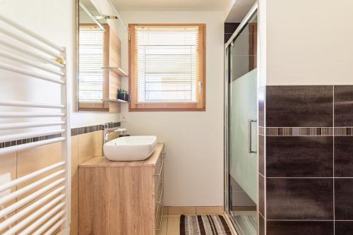 une salle de bain avec un lavabo et une douche dans l'établissement Chalet des Morets, à Saint-Gervais-les-Bains