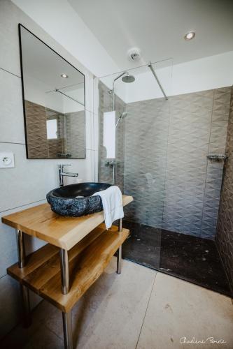 une salle de bain avec un lavabo et une douche dans l'établissement Domaine des Bains, à Vals-les-Bains