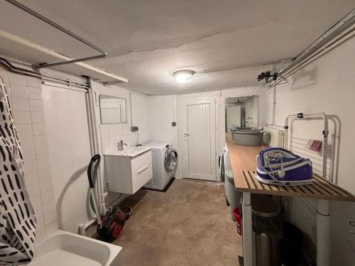 une petite cuisine avec un évier et une machine à laver dans l'établissement Charmante Maison avec 3 places de parking, à Le Touquet-Paris-Plage