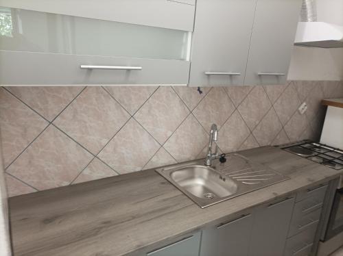 a kitchen with a sink and a counter top at Srećko Apartman in Rogoznica