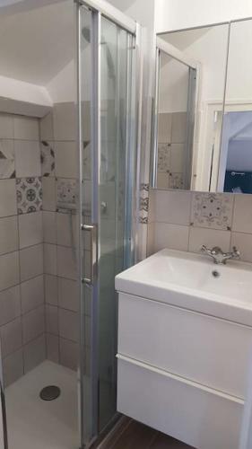une salle de bain blanche avec une douche et un lavabo dans l'établissement Studio cosy au calme à Meudon, à Meudon