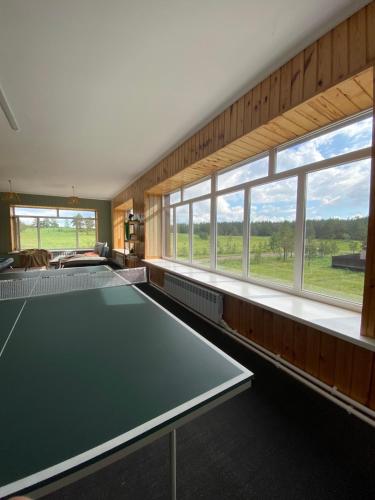 a room with a ping pong table and windows at Opushka in Vorobʼyëvka