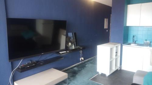 a large flat screen tv on a blue wall at Appartement sur le port vue mer in Leucate
