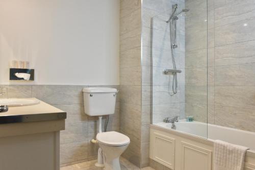 a bathroom with a shower and a toilet and a sink at The Lough & Quay Accommodation in Warrenpoint