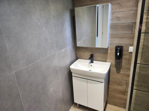 a bathroom with a white sink and a mirror at Pinecone in Kavala