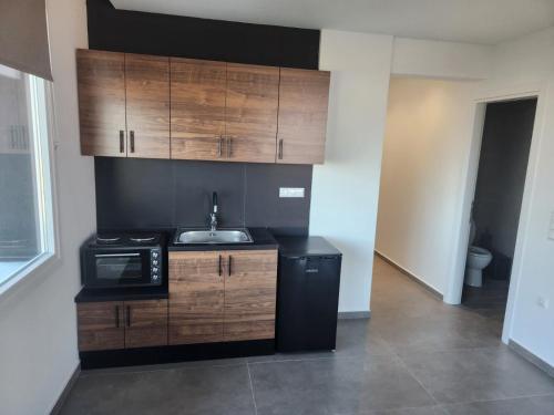 a kitchen with wooden cabinets and a sink and a microwave at Pinecone in Kavala
