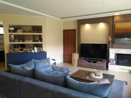 a living room with a blue couch and a tv at Corinthian Family Home in Isthmia