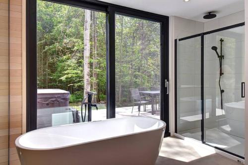 ラック・シュペリュールにあるModern Scandinavian Chalet with Jacuzzi, Pool, Lakeの窓のある浴室の浴槽