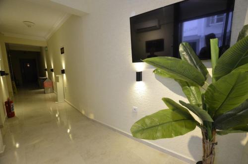 a living room with a tv and a plant at ADOS Otel in Marmara