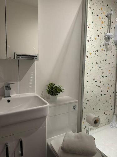 a white bathroom with a sink and a shower at 2 bed luxury apartment in Wolverhampton