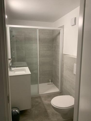 une salle de bain avec une douche, des toilettes et un lavabo dans l'établissement Villa di Caju - 4-6 personnes - les Hameaux de Saint Cyprien - lecci, à Lecci