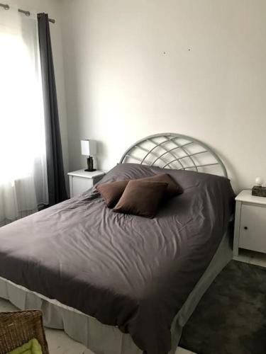 un lit avec deux oreillers dessus dans une chambre dans l'établissement La Charmeuse à 500m de tout, à Arcachon