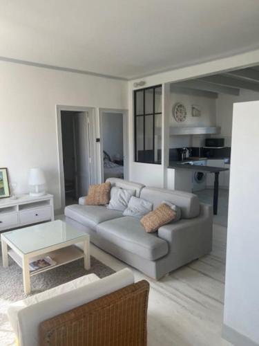 un salon avec un canapé et une table dans l'établissement La Charmeuse à 500m de tout, à Arcachon