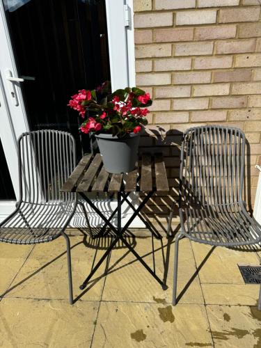 two chairs and a table with a potted plant on it at Sela House - Luton Airport in Luton
