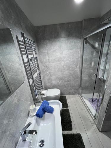a bathroom with a sink and a toilet and a shower at I 7 MARI home in Salerno