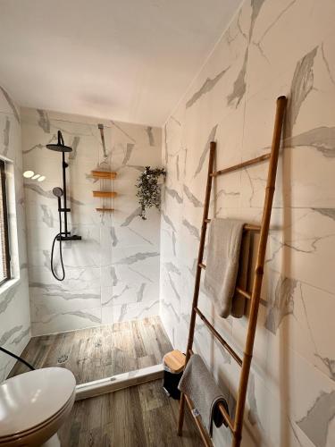 a bathroom with a toilet and a shower at Casa da Ribeira in Vila do Bispo
