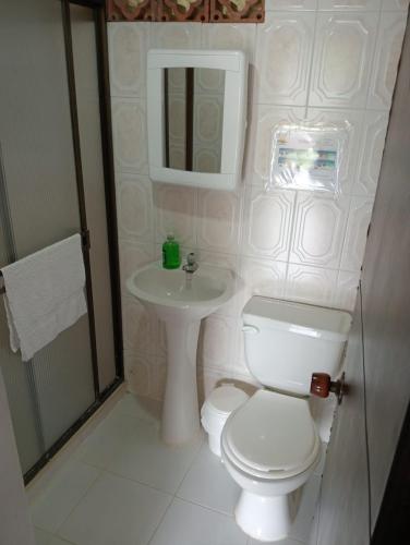 a bathroom with a toilet and a sink at Hotel Campestre Alto Bonito del Quindío in El Cuzco