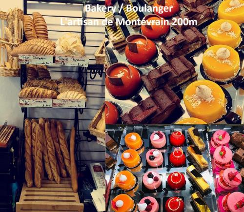 a display of different types of bread and pastries at Cosy Apartment - Parking, Garden,10mn from Disneyland! in Montévrain