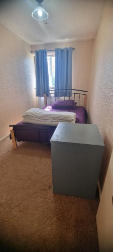 a bedroom with two beds and a window with blue curtains at Private and Quiet Room in Harlow near Stansted Airport in Harlow