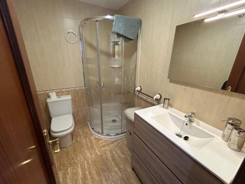 a bathroom with a shower and a sink and a toilet at Atico in Tomelloso