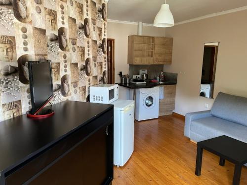 a small kitchen and living room with a couch at Muusa 11 Tartu Apartments in Tartu