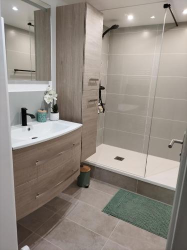 une salle de bain avec une douche, un lavabo et une baignoire dans l'établissement Maison de campagne, à Thorigné-dʼAnjou