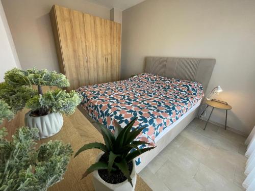 a bedroom with a bed and potted plants at Pomorie 63 in Pomorie