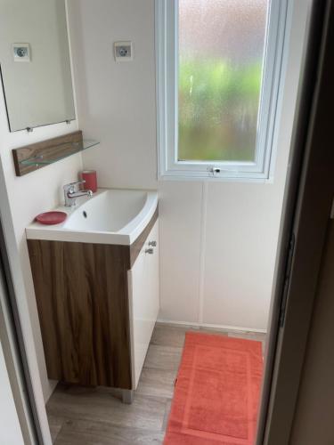 ein kleines Badezimmer mit Waschbecken und Fenster in der Unterkunft ESCALE BASSIN- Mobile Home Lège Cap-Ferret - Village 4 étoiles LES VIVIERS in Lège-Cap-Ferret