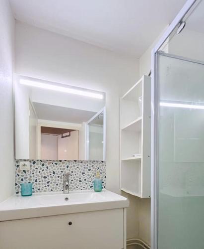 une salle de bain avec un lavabo et un miroir dans l'établissement Rennes Centre Historique, Place Ste Anne, à Rennes