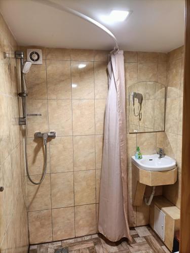a bathroom with a shower and a sink at Casa Heidi in Timişoara