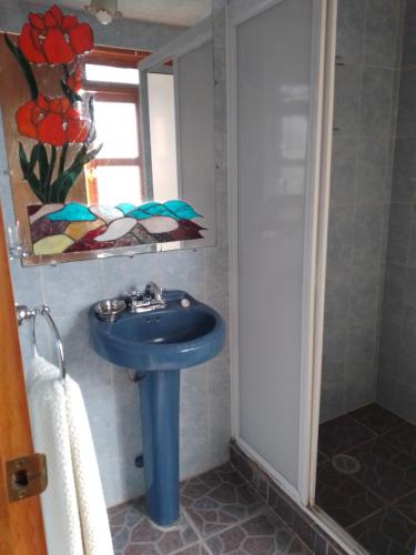 a bathroom with a blue sink and a shower at COYOACAN DEPARTAMENTO TIPO COLONIAL in Mexico City