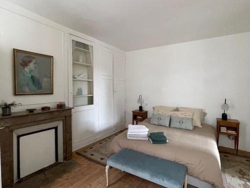 a bedroom with a bed and a fireplace at Maison historique au cœur de Nogent-le-Rotrou, 6 chambres, piscine chauffée, idéal pour familles et amis - FR-1-581-121 in Nogent-le-Rotrou