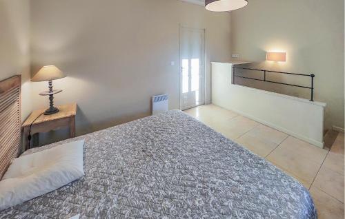 a bedroom with a large bed and a lamp at Awesome Home In Saint-Laurent-De-La-Ca With Wifi in Saint-Laurent-de-la-Cabrerisse