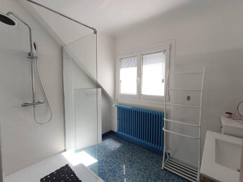 La salle de bains blanche est pourvue d'une douche et d'une fenêtre. dans l'établissement Maison à Perros-Guirec avec Jardin, Terrasse, Parking et Animaux Acceptés - FR-1-368-427, à Perros-Guirec